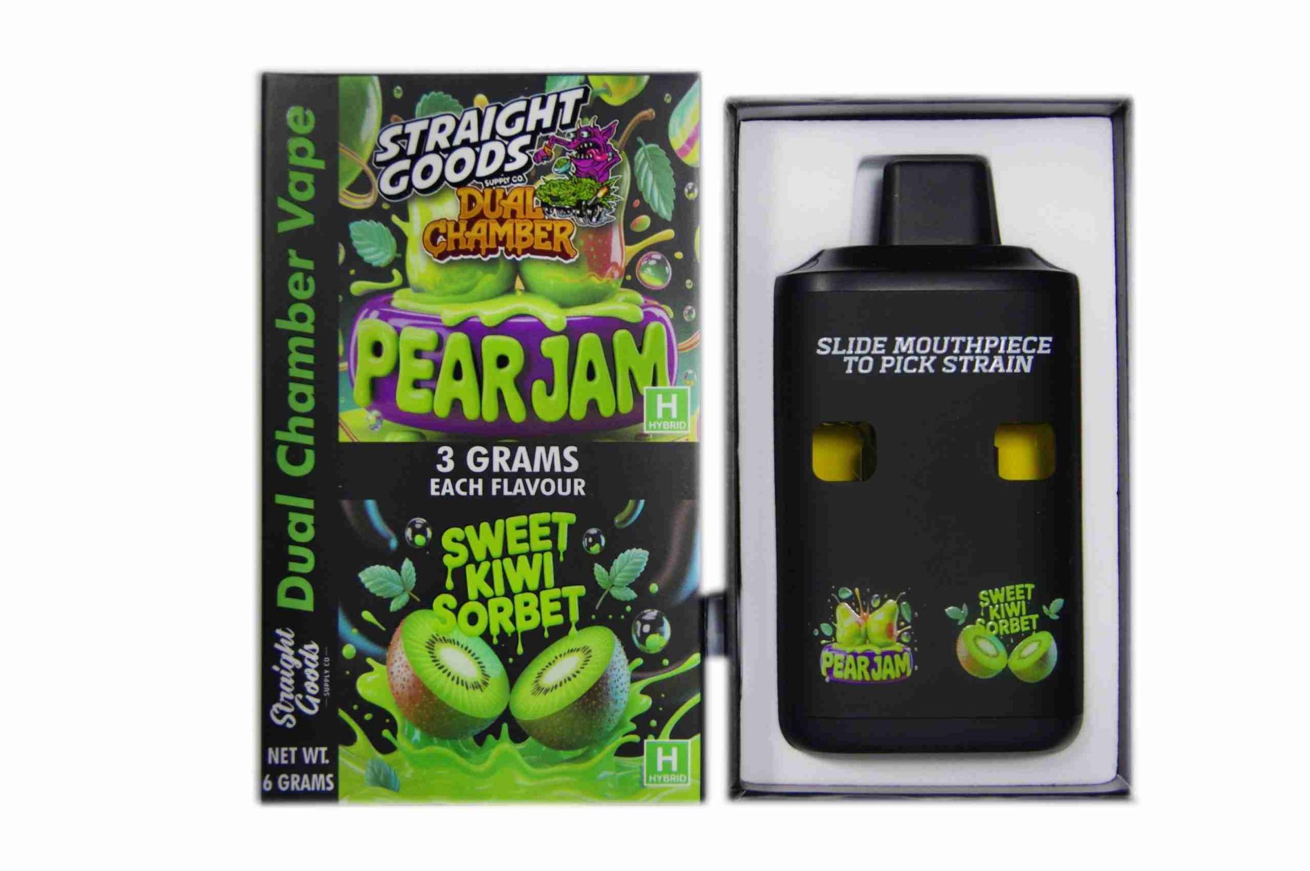 Straight Goods 6g Dual Chamber Vape – Pear Jam + Sweet Kiwi Sorbet Straight Goods 6g Dual Chamber Vape – Pear Jam + Sweet Kiwi Sorbet